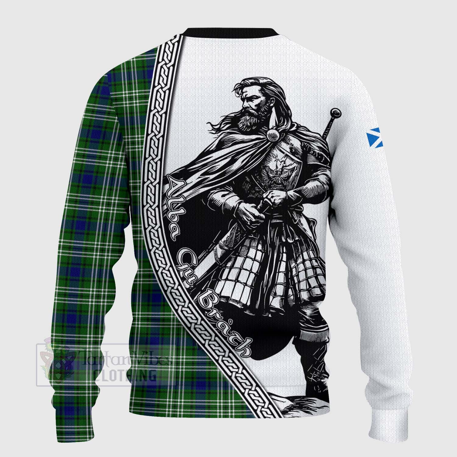 Tartan Vibes Clothing Learmonth Tartan Clan Crest Knitted Sweater with Highlander Warrior Celtic Style