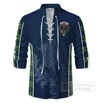 Tartan Vibes Clothing Learmonth Tartan Ghillie Kilt Shirt with Family Crest and Scottish Thistle Vibes Sport Style
