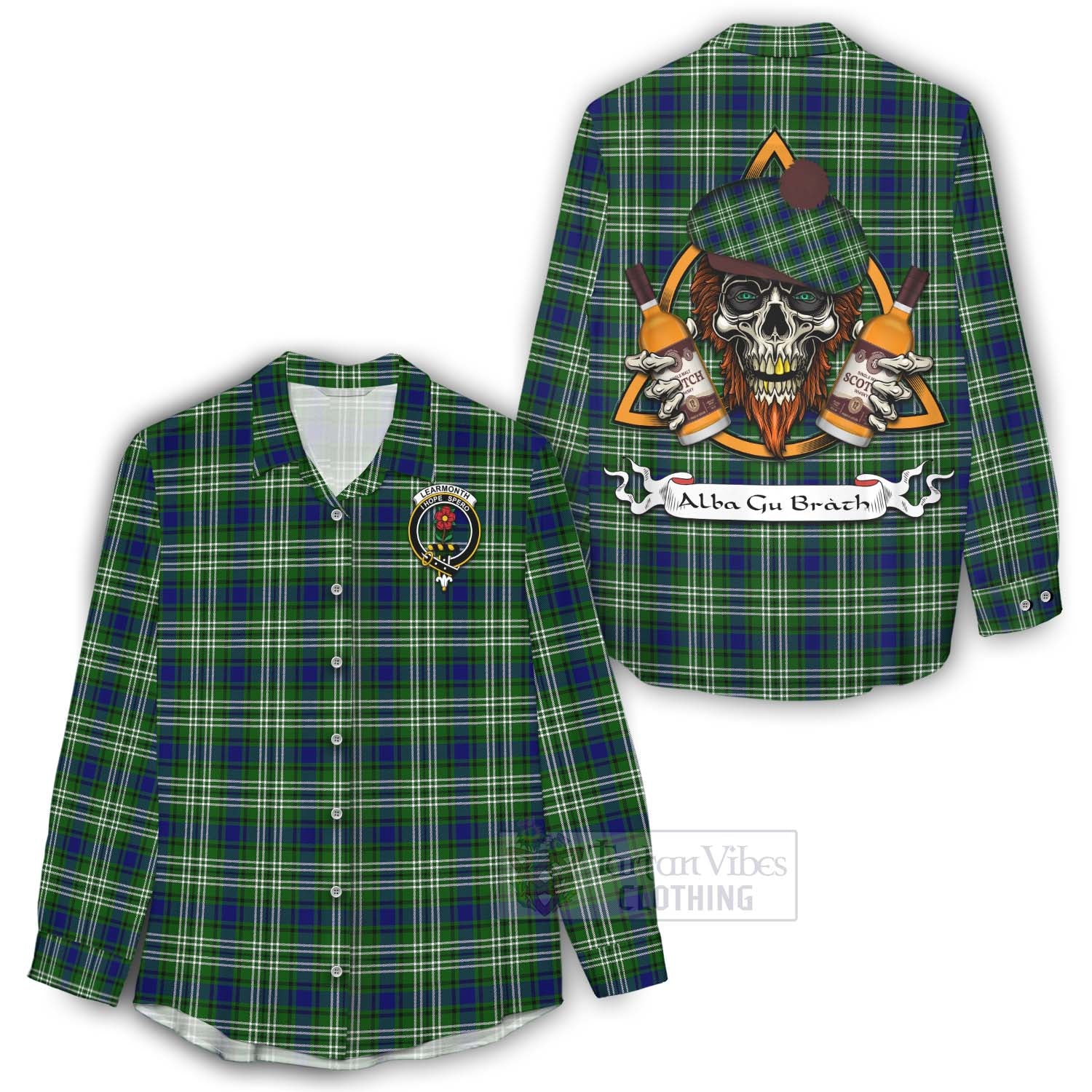 Tartan Vibes Clothing Learmonth Tartan Women's Casual Shirt with Family Crest and Bearded Skull Holding Bottles of Whiskey