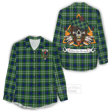 Tartan Vibes Clothing Learmonth Tartan Women's Casual Shirt with Family Crest and Bearded Skull Holding Bottles of Whiskey