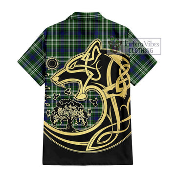 Learmonth Tartan Short Sleeve Button Shirt with Family Crest Celtic Wolf Style - Tartan Vibes Clothing