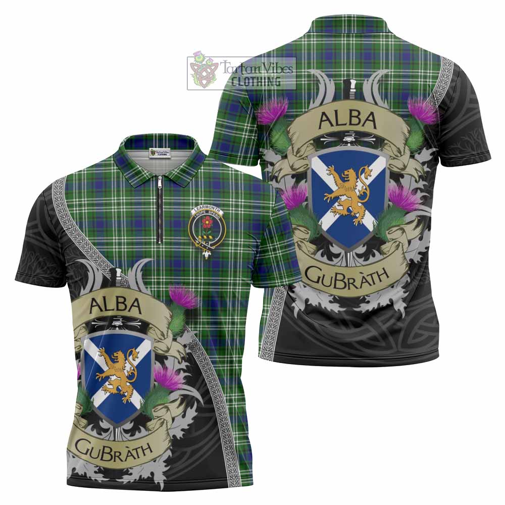 Tartan Vibes Clothing Learmonth Tartan Family Crest Zipper Polo Shirt Lion Rampant Royal Thistle Shield Celtic Inspired