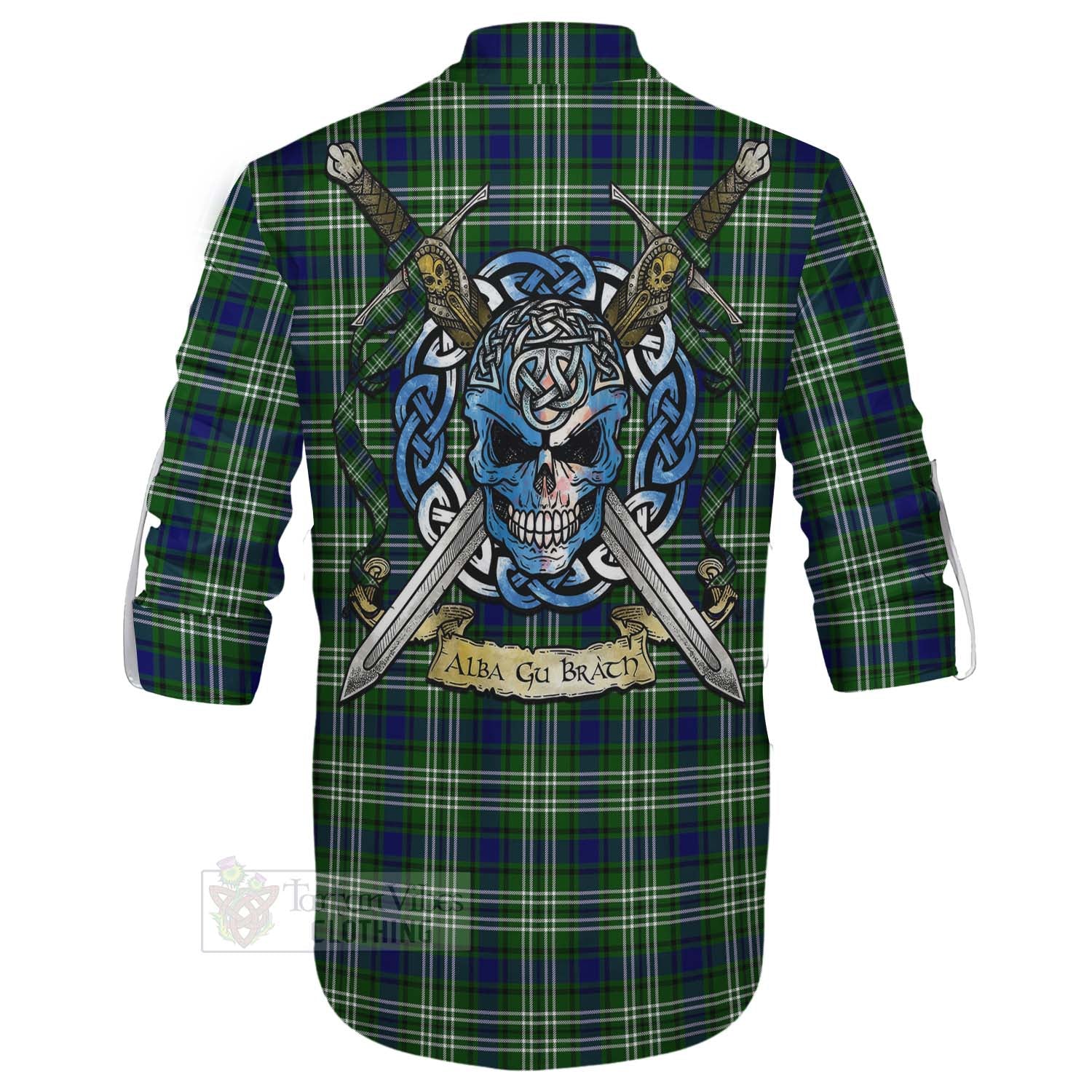 Tartan Vibes Clothing Learmonth Tartan Ghillie Kilt Shirt with Family Crest Celtic Skull Style