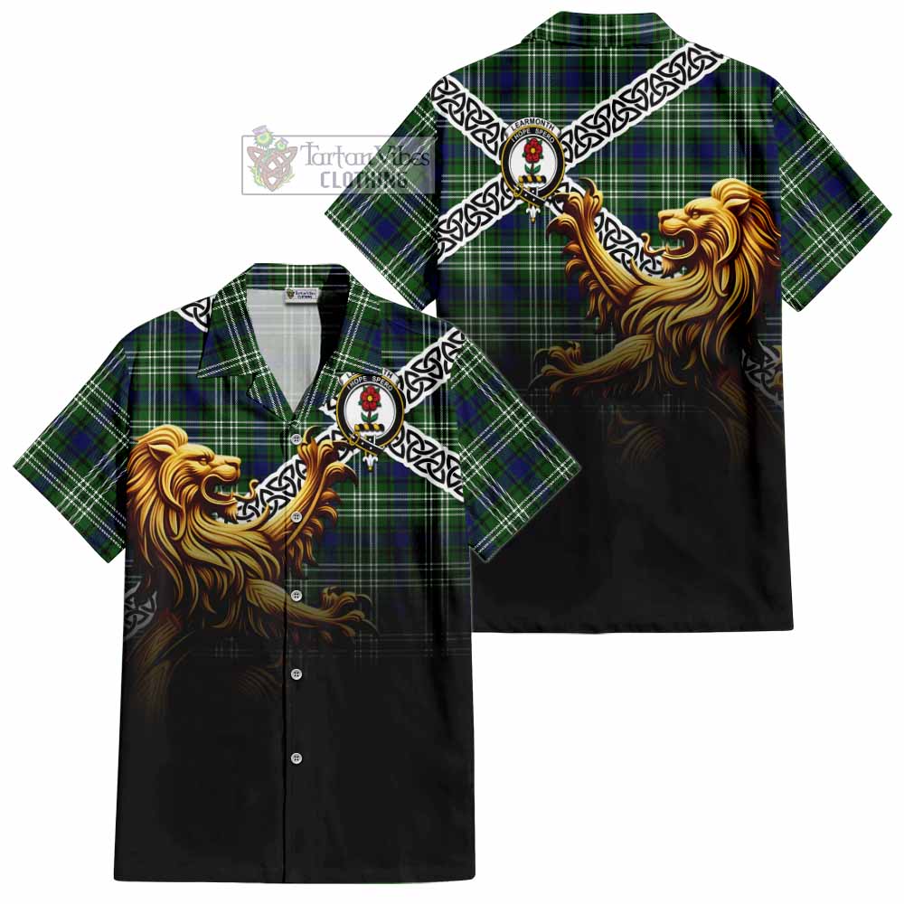 Tartan Vibes Clothing Learmonth Crest Tartan Short Sleeve Button Shirt with Golden Lion Emblem Celtic Style