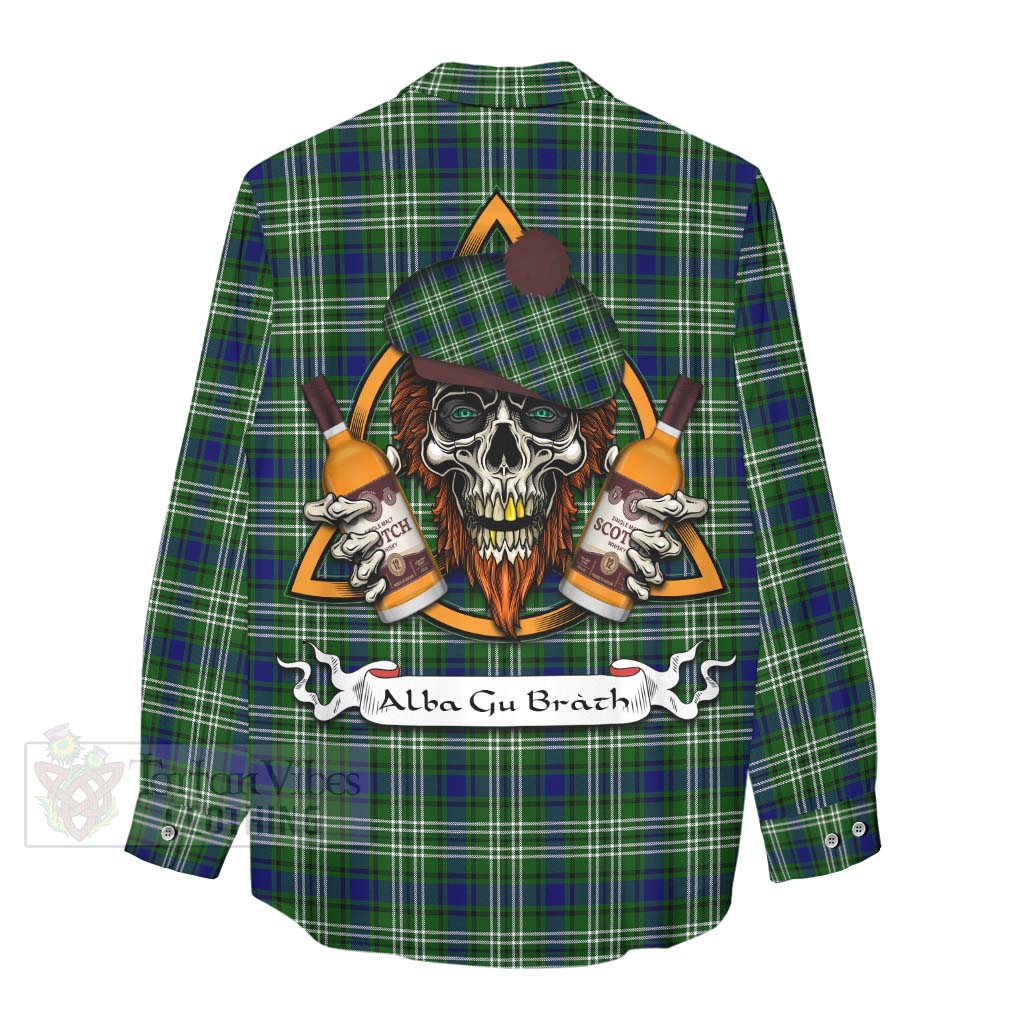 Tartan Vibes Clothing Learmonth Tartan Women's Casual Shirt with Family Crest and Bearded Skull Holding Bottles of Whiskey