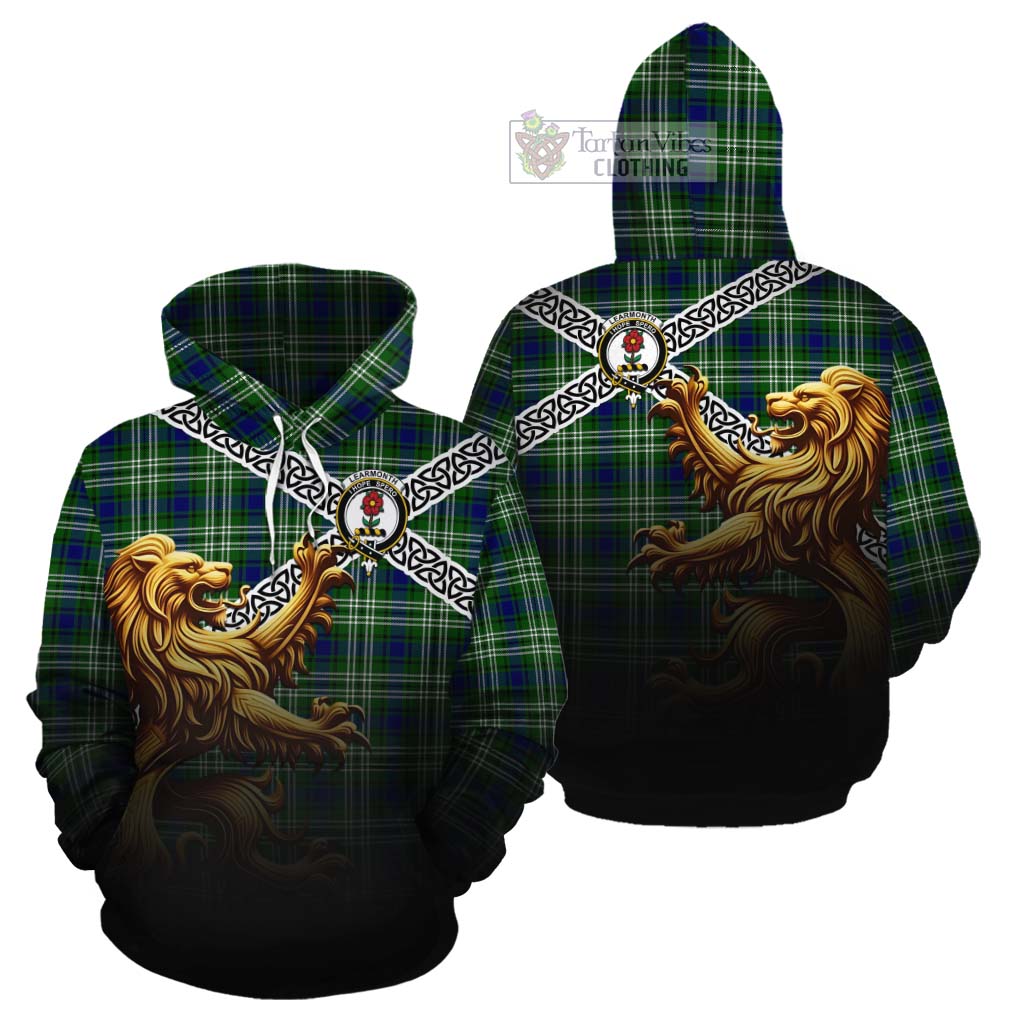 Tartan Vibes Clothing Learmonth Crest Tartan Cotton Hoodie with Golden Lion Emblem Celtic Style