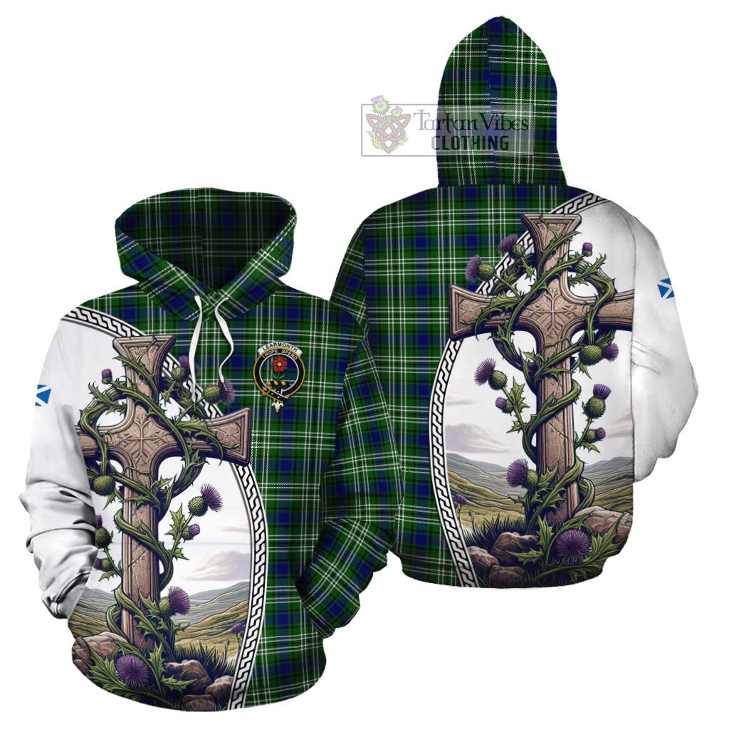 Tartan Vibes Clothing Learmonth Tartan Cotton Hoodie with Family Crest and St. Andrew's Cross Accented by Thistle Vines