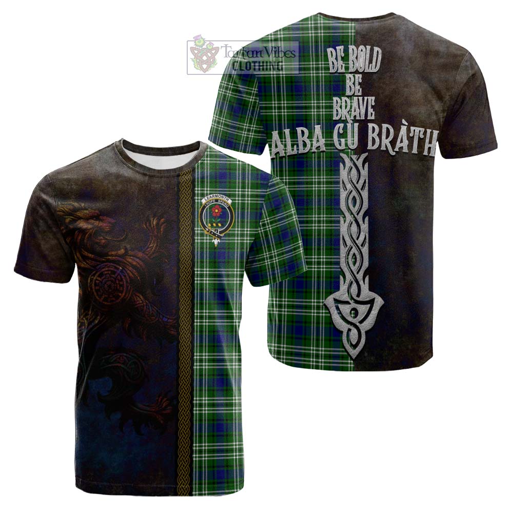 Tartan Vibes Clothing Learmonth Tartan Family Crest Cotton T-shirt Alba Gu Brath Be Brave Lion Ancient Style