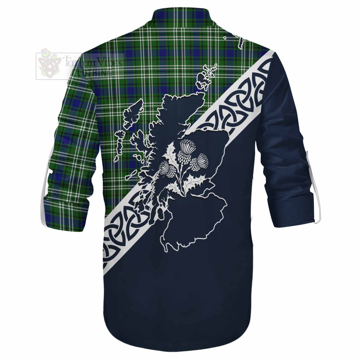 Tartan Vibes Clothing Learmonth Tartan Ghillie Kilt Shirt Featuring Thistle and Scotland Map