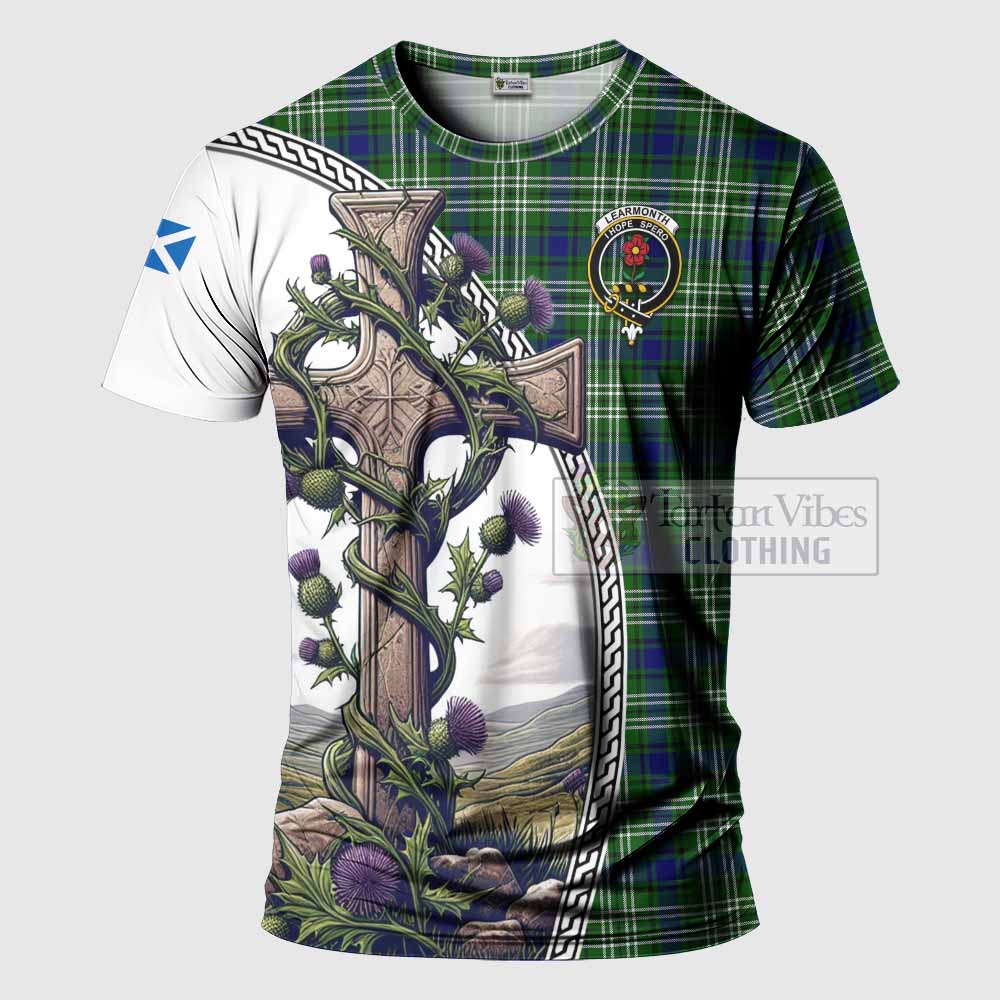 Tartan Vibes Clothing Learmonth Agnew Tartan T-Shirt with Family Crest and St. Andrew's Cross Accented by Thistle Vines