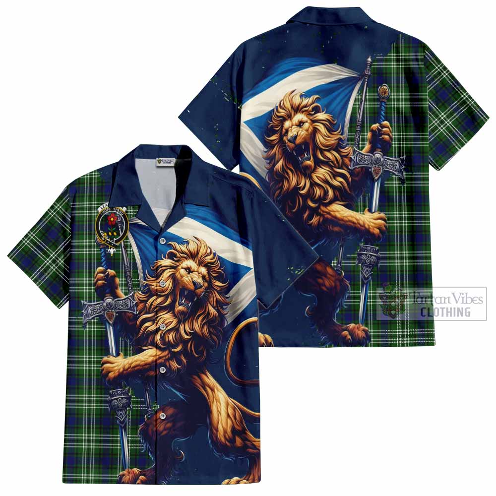 Tartan Vibes Clothing Learmonth Tartan Family Crest Short Sleeve Button Shirt with Scottish Majestic Lion