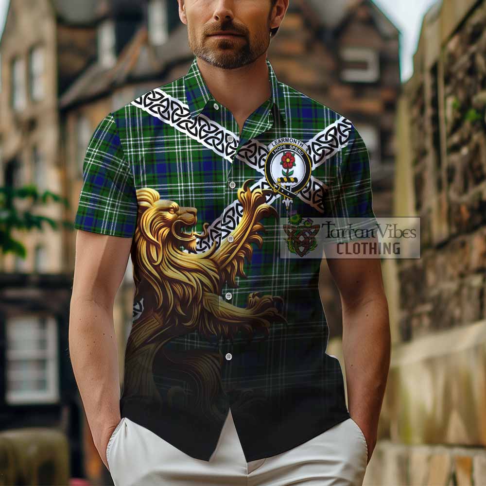 Tartan Vibes Clothing Learmonth Crest Tartan Short Sleeve Button Shirt with Golden Lion Emblem Celtic Style