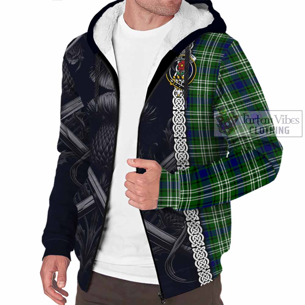 Tartan Vibes Clothing Learmonth Tartan Sherpa Hoodie with Family Crest Cross Sword Thistle Celtic Vibes