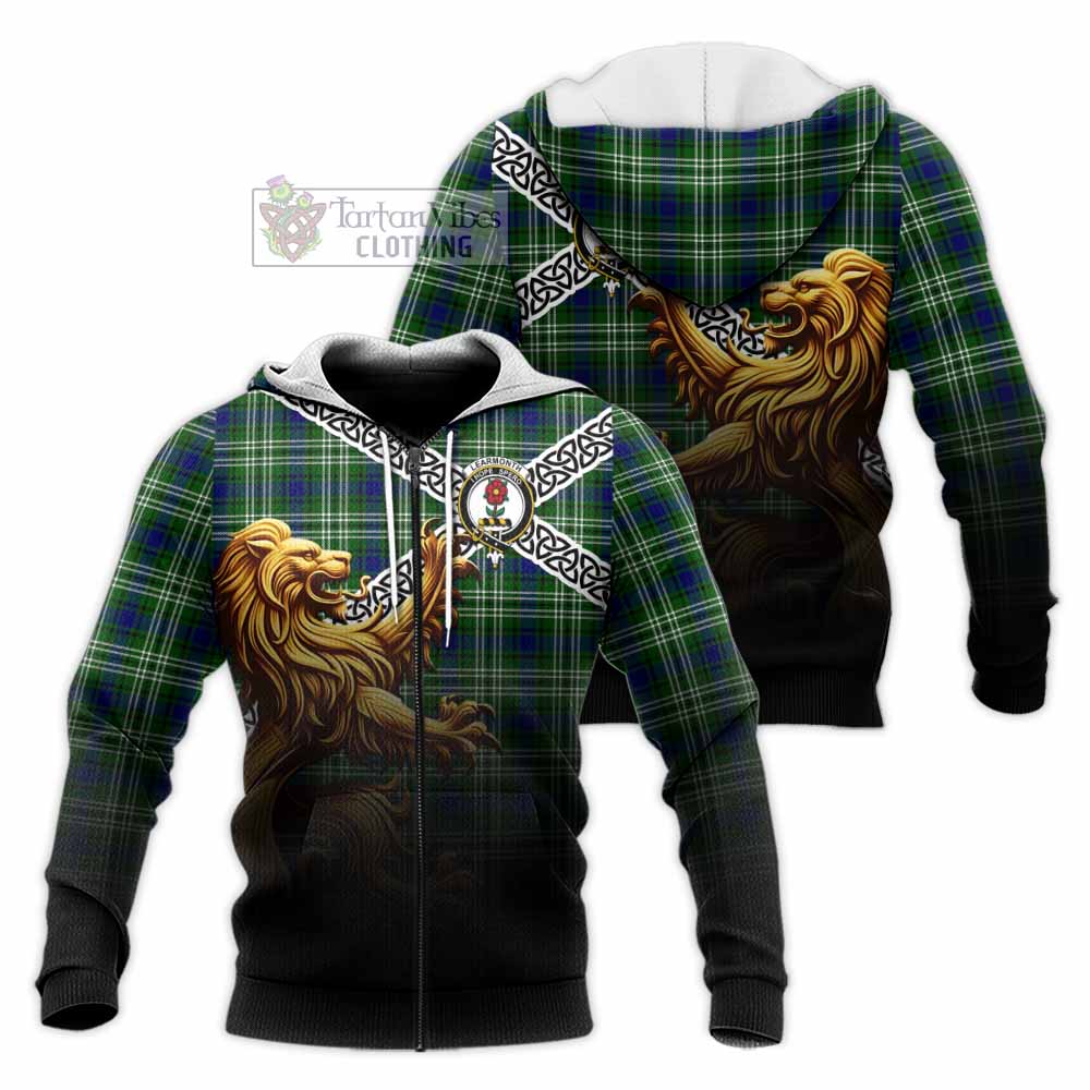 Tartan Vibes Clothing Learmonth Crest Tartan Knitted Hoodie with Golden Lion Emblem Celtic Style