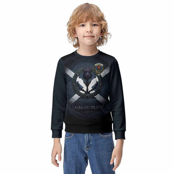 Learmonth Clan Crest Kid Knitted Sweatshirt with Celtic Knot Thistle and Saltire