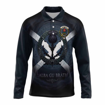Learmonth Clan Crest Long Sleeve Polo Shirt with Celtic Knot Thistle and Saltire