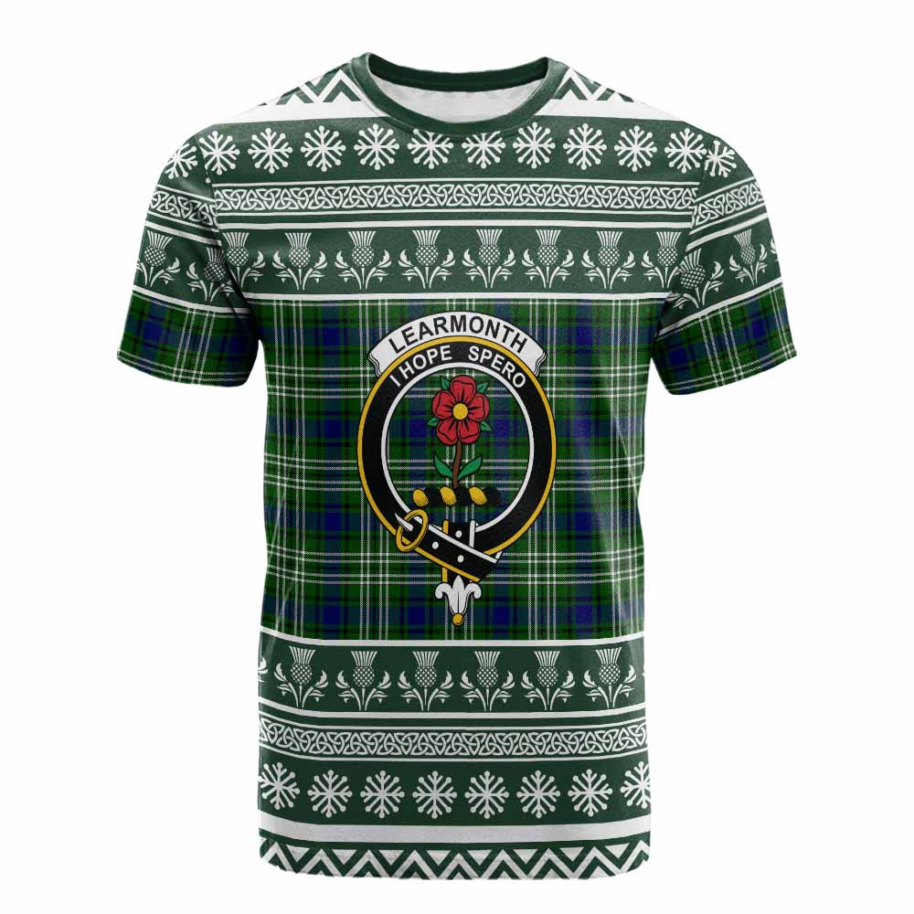 Learmonth Clan Tartan Christmas Cotton T-shirt with Family Crest - Tartan Vibes Clothing