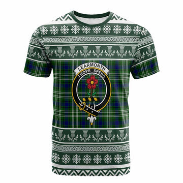 Learmonth Clan Tartan Christmas Cotton T-shirt with Family Crest