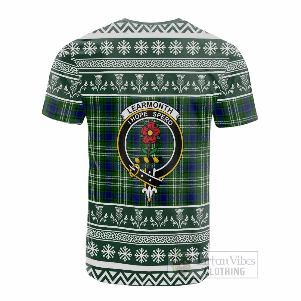 Learmonth Clan Tartan Christmas Cotton T-shirt with Family Crest - Tartan Vibes Clothing