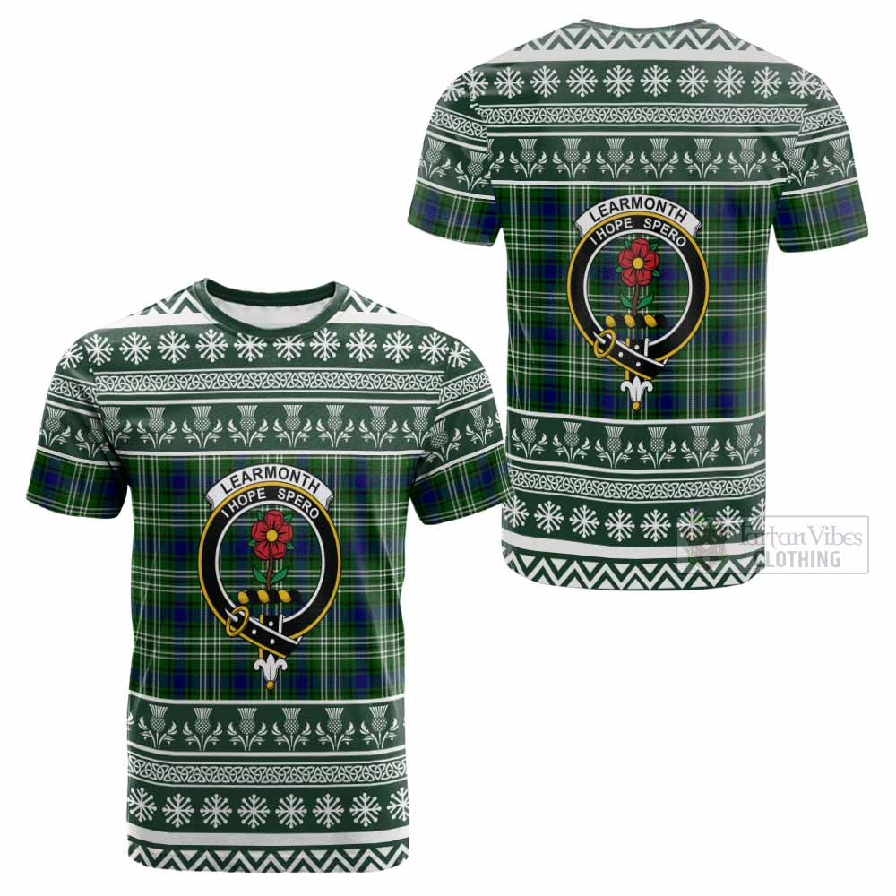 Learmonth Clan Tartan Christmas Cotton T-shirt with Family Crest - Tartan Vibes Clothing