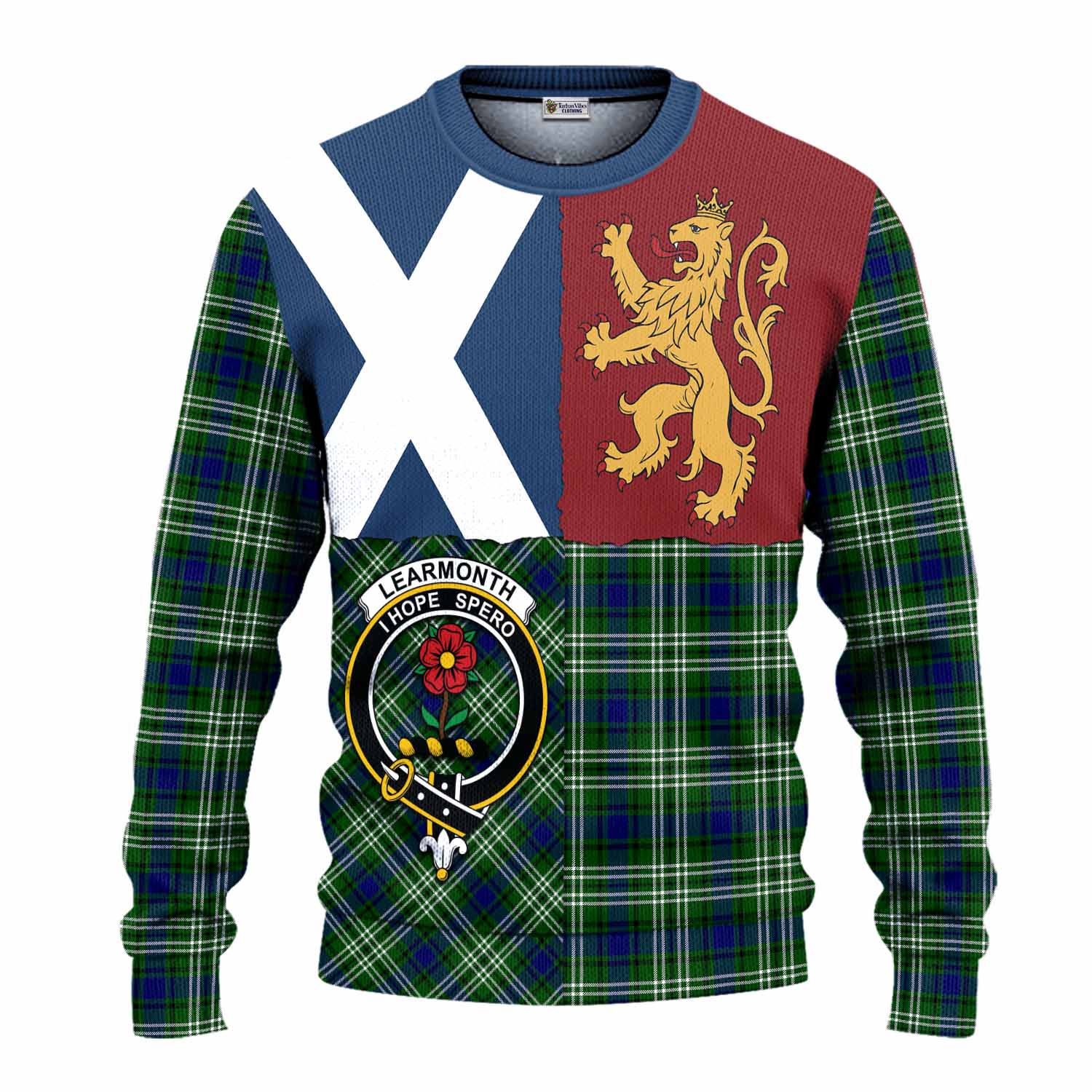 Learmonth Crest Tartan Knitted Sweater with Lion Rampant Saltire Style