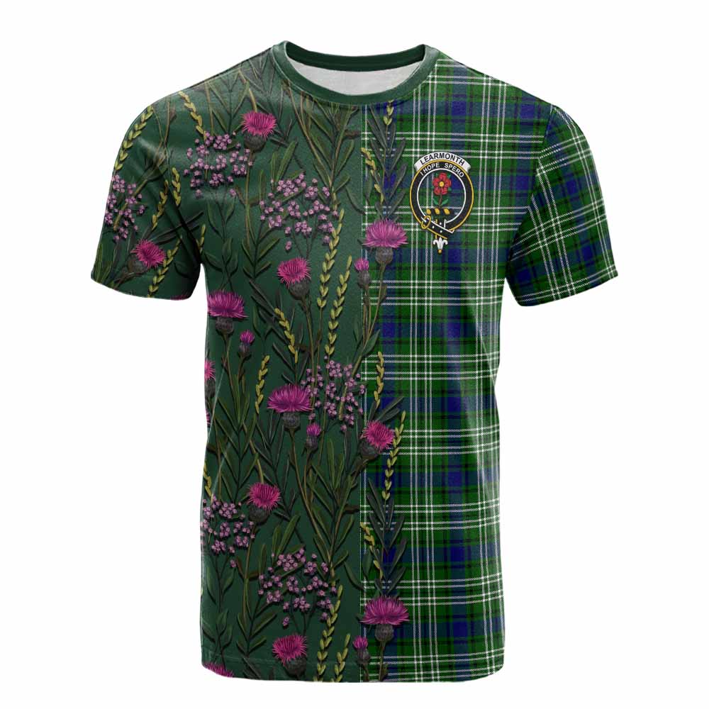 Learmonth Family Crest Tartan Cotton T-shirt Scottish Thistle Flower Pattern Half Style - Tartan Vibes Clothing