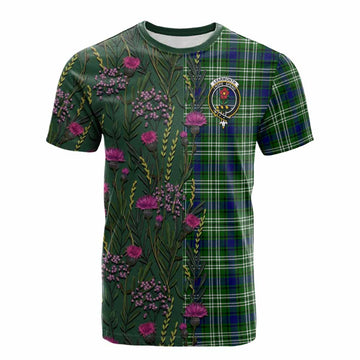 Learmonth Family Crest Tartan Cotton T-shirt Scottish Thistle Flower Pattern Half Style