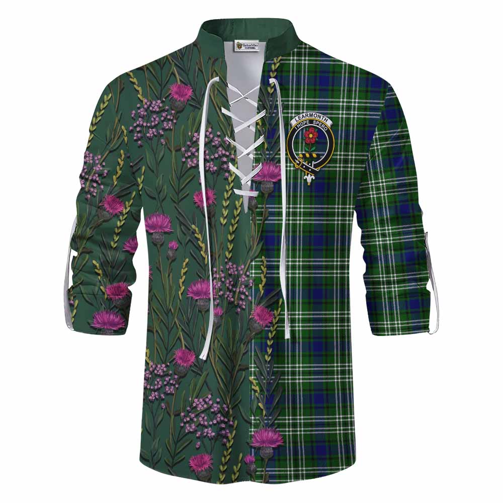 Learmonth Family Crest Tartan Ghillie Shirt Scottish Thistle Flower Pattern Half Style - Tartan Vibes Clothing