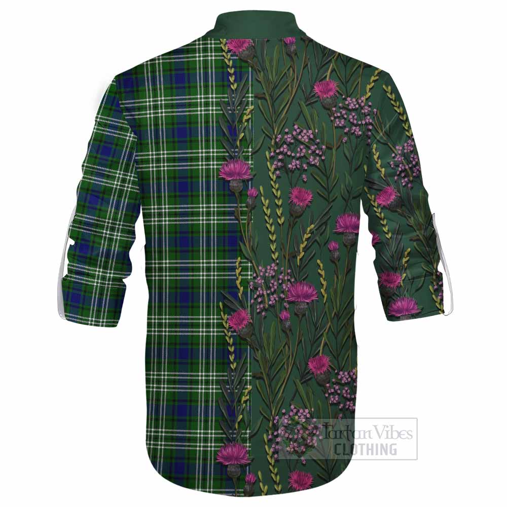 Learmonth Family Crest Tartan Ghillie Shirt Scottish Thistle Flower Pattern Half Style - Tartan Vibes Clothing