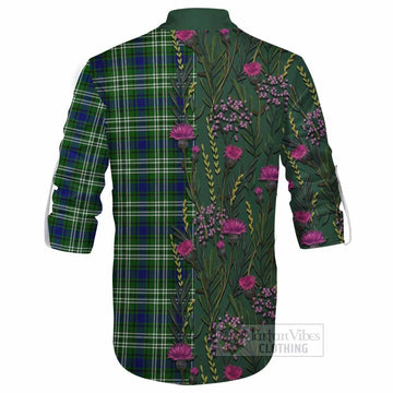 Learmonth Family Crest Tartan Ghillie Shirt Scottish Thistle Flower Pattern Half Style