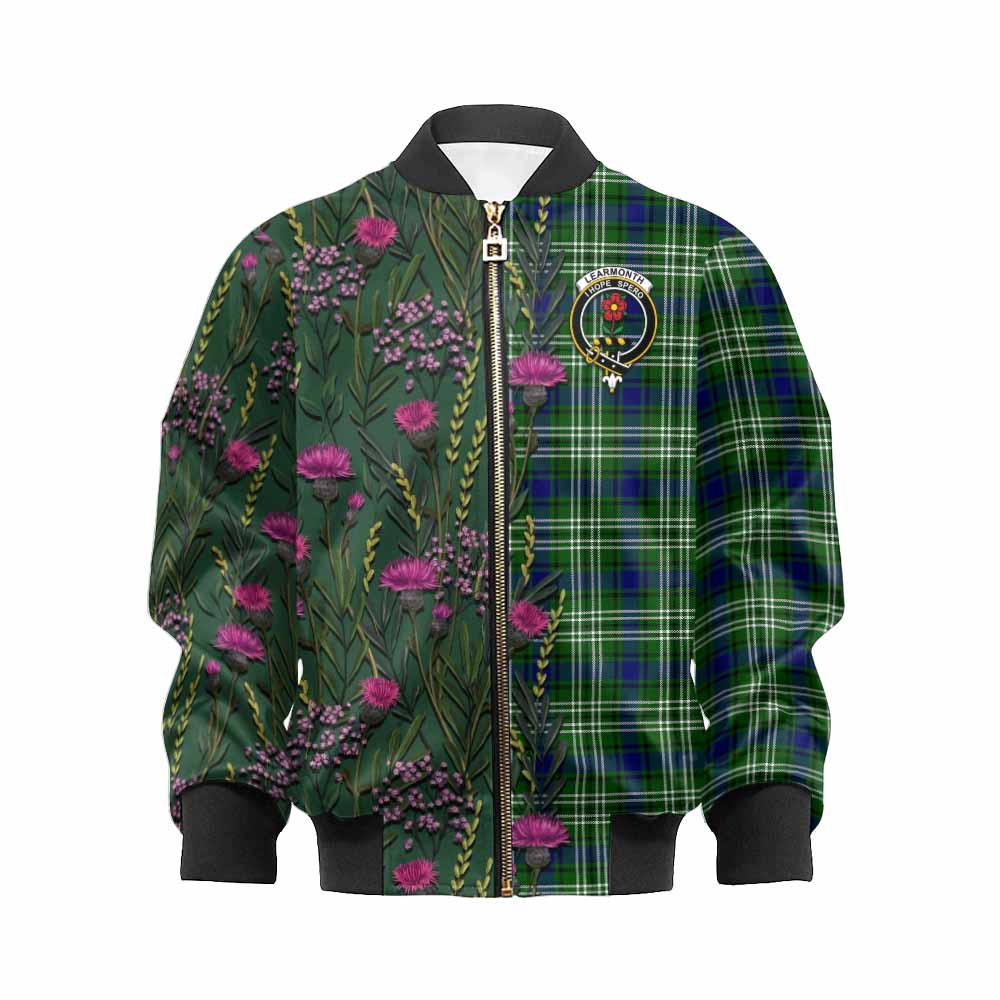 Learmonth Family Crest Tartan Kid Bomber Jacket Scottish Thistle Flower Pattern Half Style - Tartan Vibes Clothing