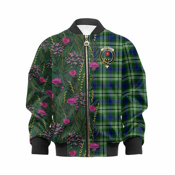 Learmonth Family Crest Tartan Kid Bomber Jacket Scottish Thistle Flower Pattern Half Style