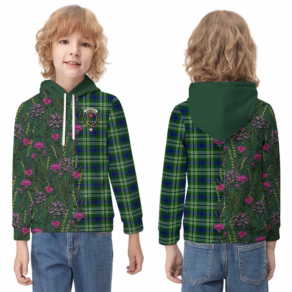 Learmonth Family Crest Tartan Kid Hoodie Scottish Thistle Flower Pattern Half Style - Tartan Vibes Clothing