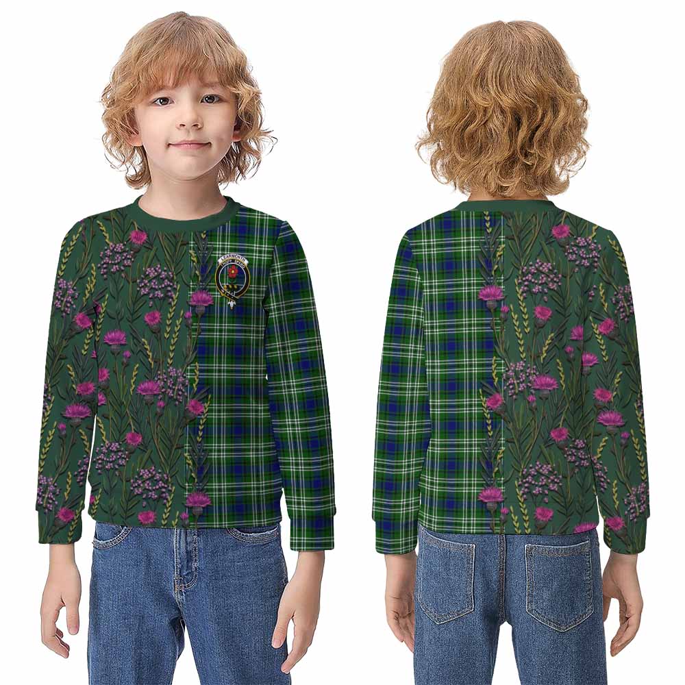 Learmonth Family Crest Tartan Kid Knitted Sweatshirt Scottish Thistle Flower Pattern Half Style - Tartan Vibes Clothing