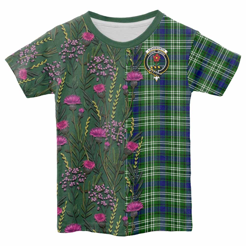 Learmonth Family Crest Tartan Kid T-shirt Scottish Thistle Flower Pattern Half Style - Tartan Vibes Clothing