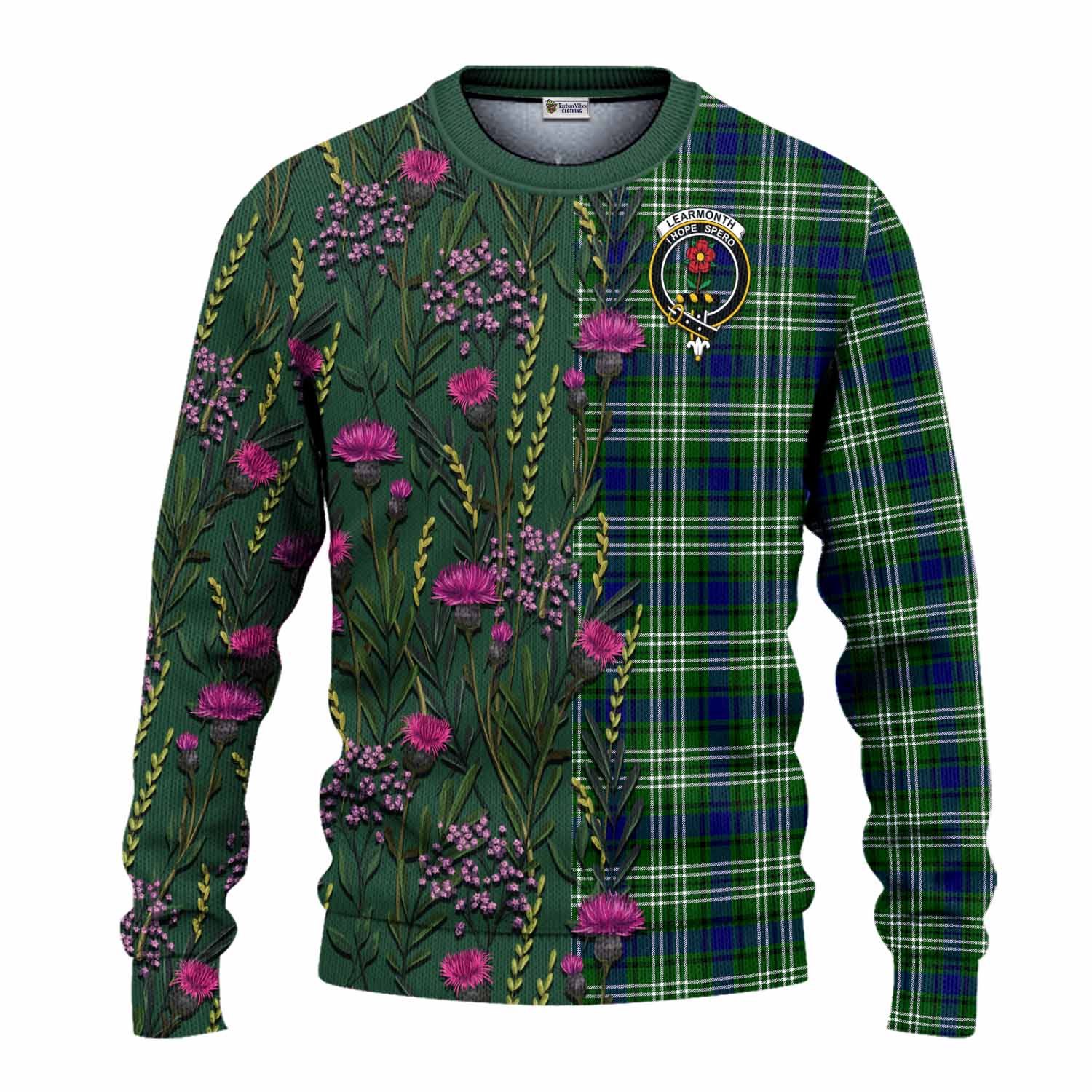 Learmonth Family Crest Tartan Knitted Sweater Scottish Thistle Flower Pattern Half Style - Tartan Vibes Clothing
