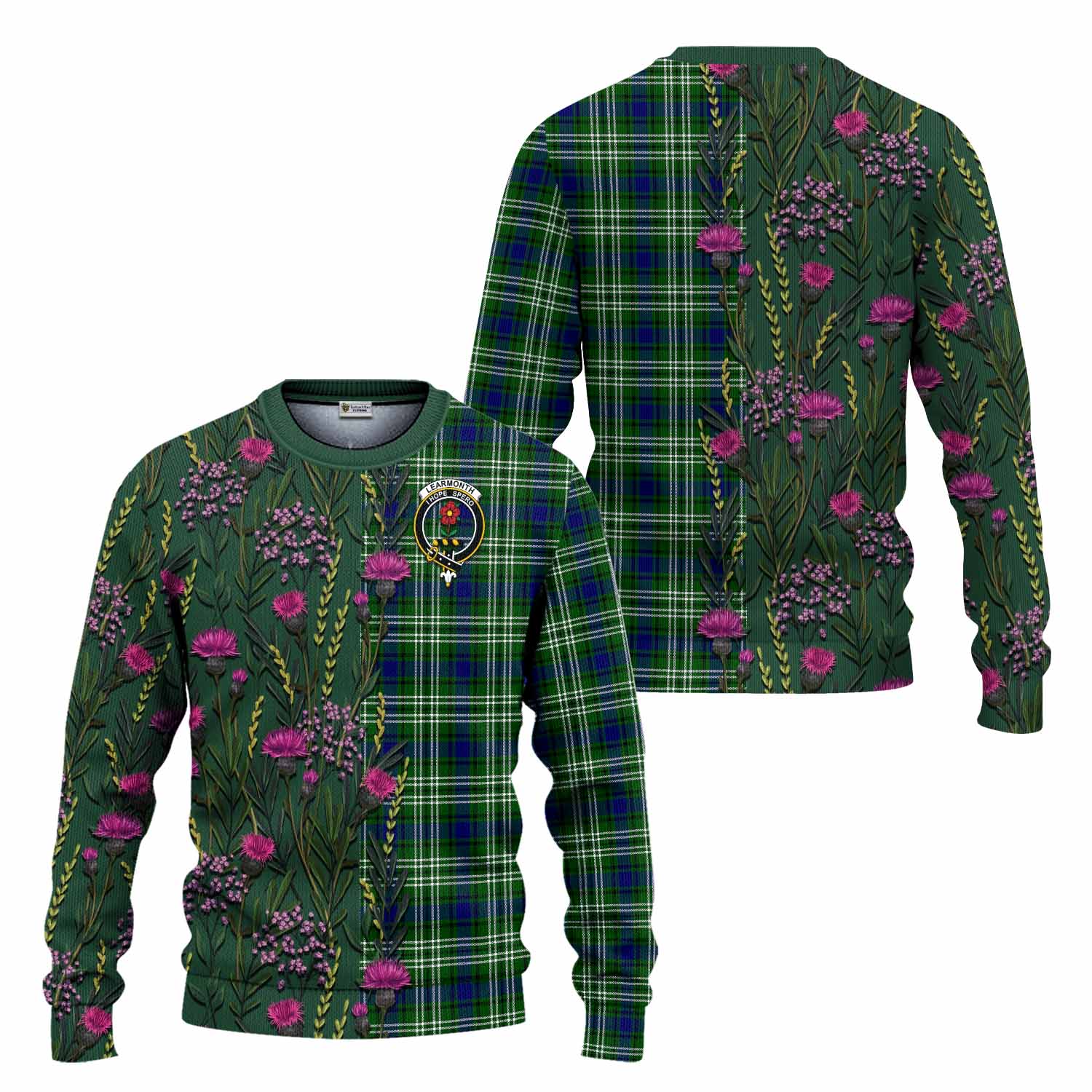 Learmonth Family Crest Tartan Knitted Sweater Scottish Thistle Flower Pattern Half Style - Tartan Vibes Clothing