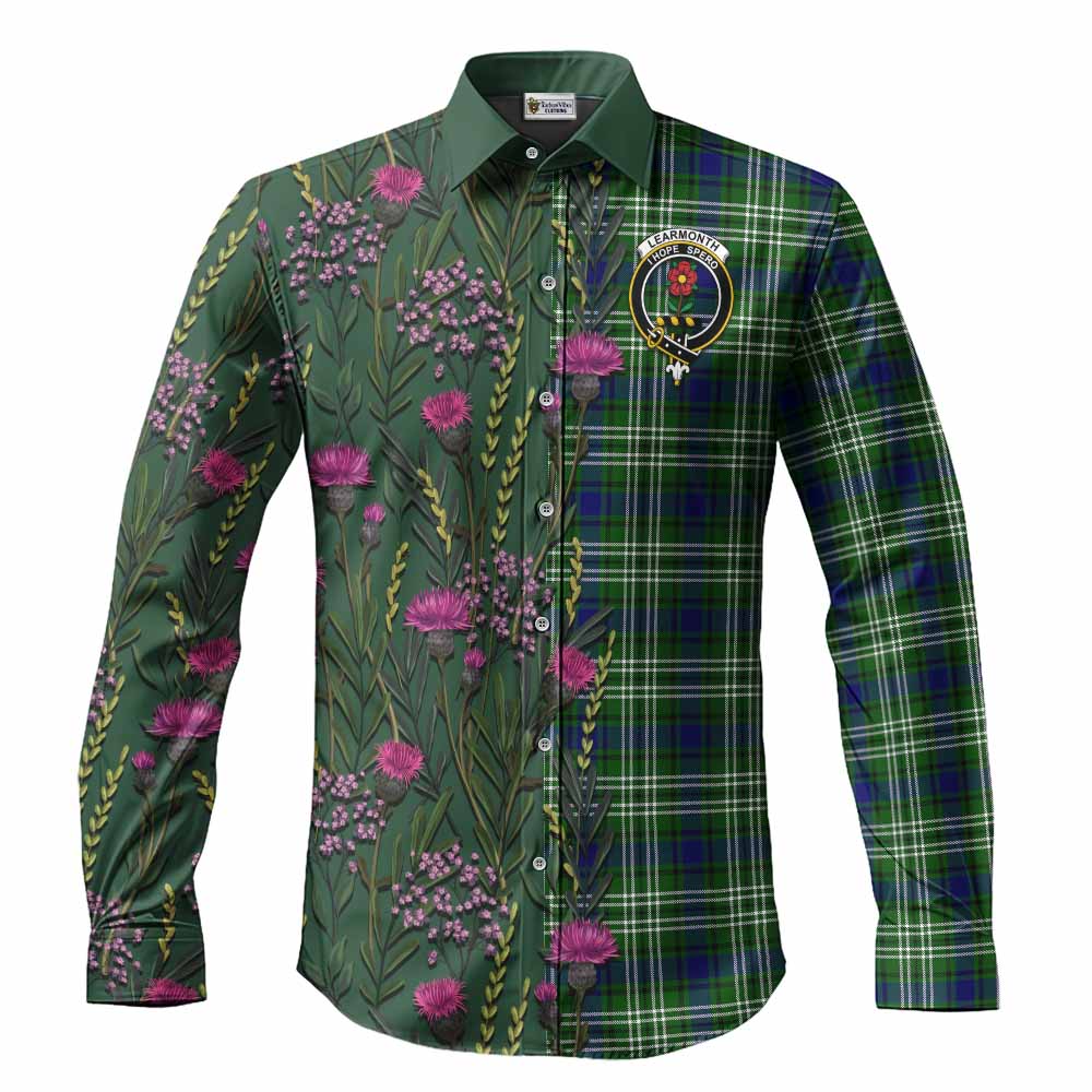 Learmonth Family Crest Tartan Long Sleeve Button Shirts Scottish Thistle Flower Pattern Half Style - Tartan Vibes Clothing
