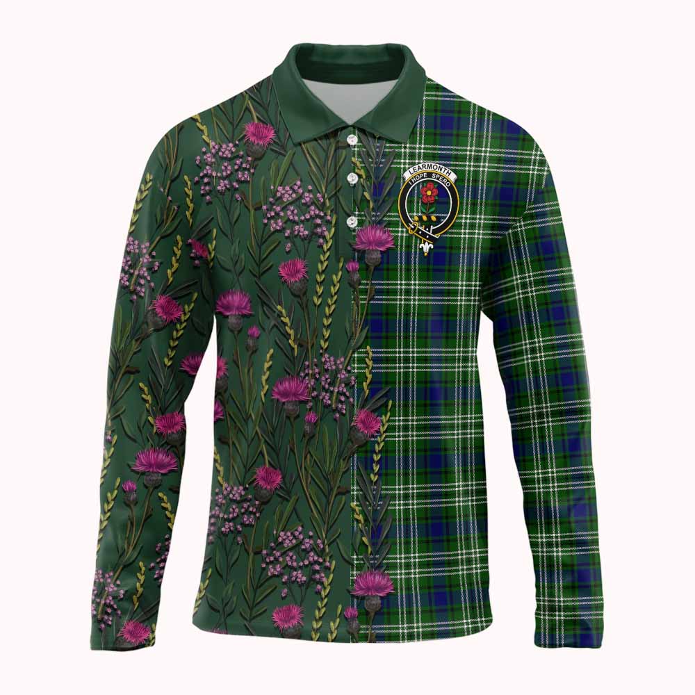 Learmonth Family Crest Tartan Long Sleeve Polo Shirt Scottish Thistle Flower Pattern Half Style - Tartan Vibes Clothing