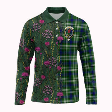 Learmonth Family Crest Tartan Long Sleeve Polo Shirt Scottish Thistle Flower Pattern Half Style