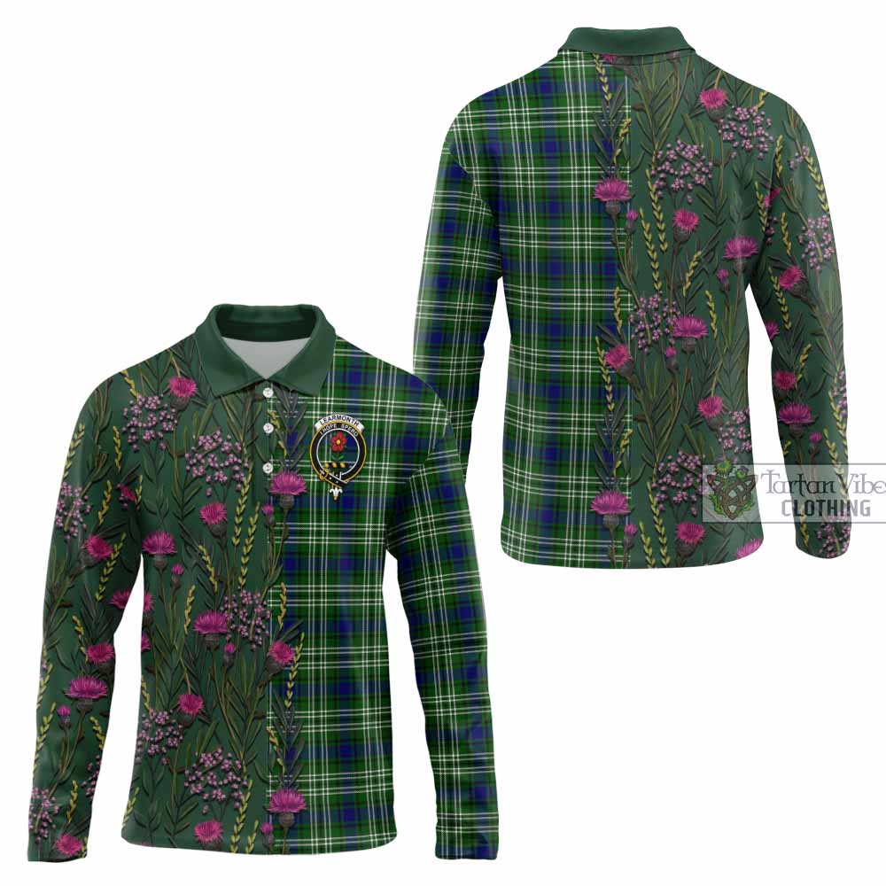 Learmonth Family Crest Tartan Long Sleeve Polo Shirt Scottish Thistle Flower Pattern Half Style - Tartan Vibes Clothing