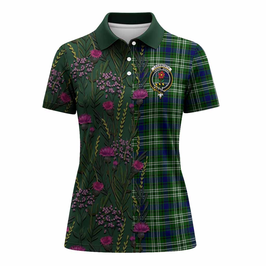 Learmonth Family Crest Tartan Women Polo Shirt Scottish Thistle Flower Pattern Half Style - Tartan Vibes Clothing