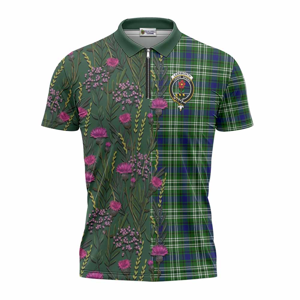 Learmonth Family Crest Tartan Zipper Polo Shirt Scottish Thistle Flower Pattern Half Style - Tartan Vibes Clothing
