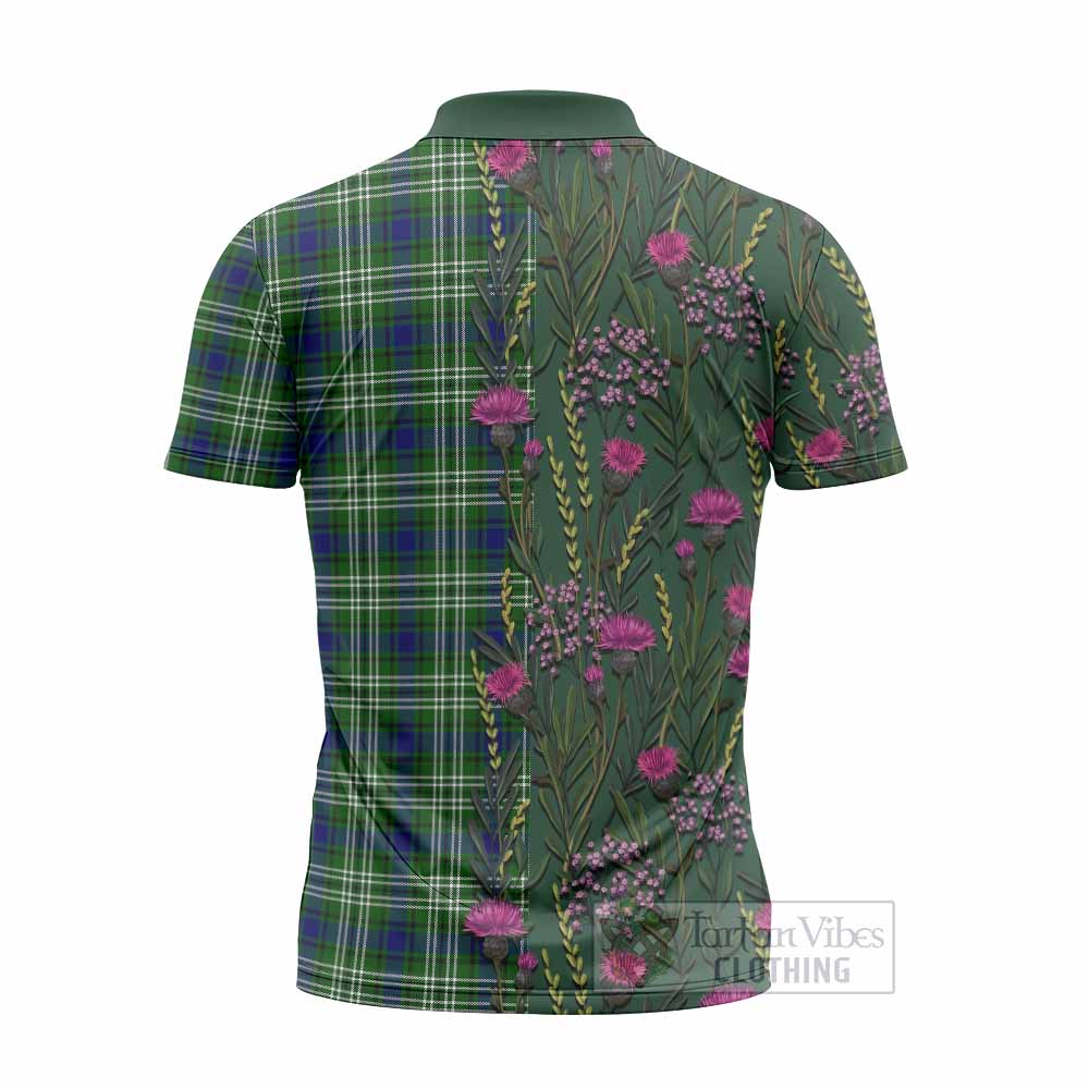 Learmonth Family Crest Tartan Zipper Polo Shirt Scottish Thistle Flower Pattern Half Style - Tartan Vibes Clothing