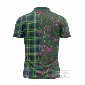 Learmonth Family Crest Tartan Zipper Polo Shirt Scottish Thistle Flower Pattern Half Style - Tartan Vibes Clothing