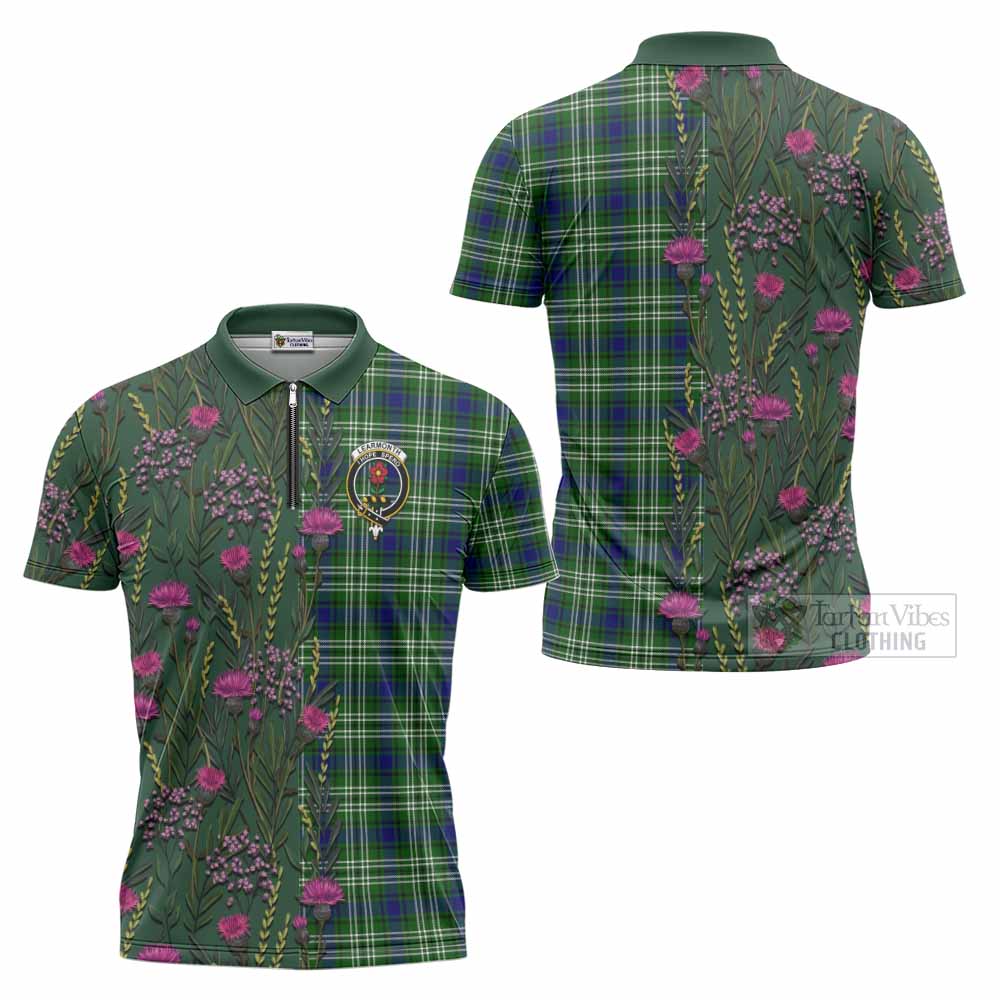 Learmonth Family Crest Tartan Zipper Polo Shirt Scottish Thistle Flower Pattern Half Style - Tartan Vibes Clothing