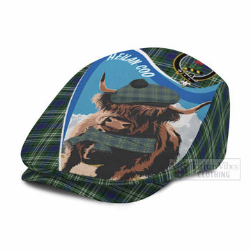 Learmonth Scottish Heilan Coo Tartan Crest Flat Cap, Jeff Cap