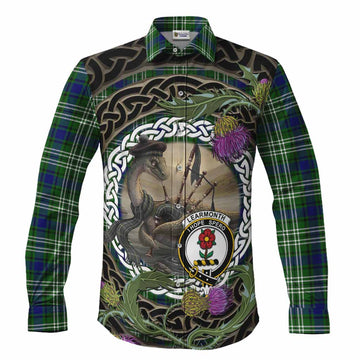 Learmonth Tartan Crest Bagpipe Nessie Long Sleeve Button Shirts Scottish Loch Ness Monster Celtic Thistle