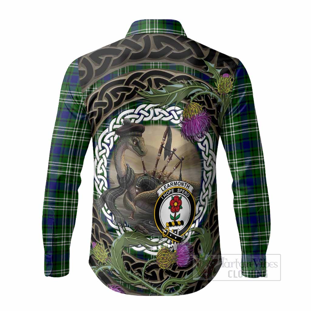 Learmonth Tartan Crest Bagpipe Nessie Long Sleeve Button Shirts Scottish Loch Ness Monster Celtic Thistle