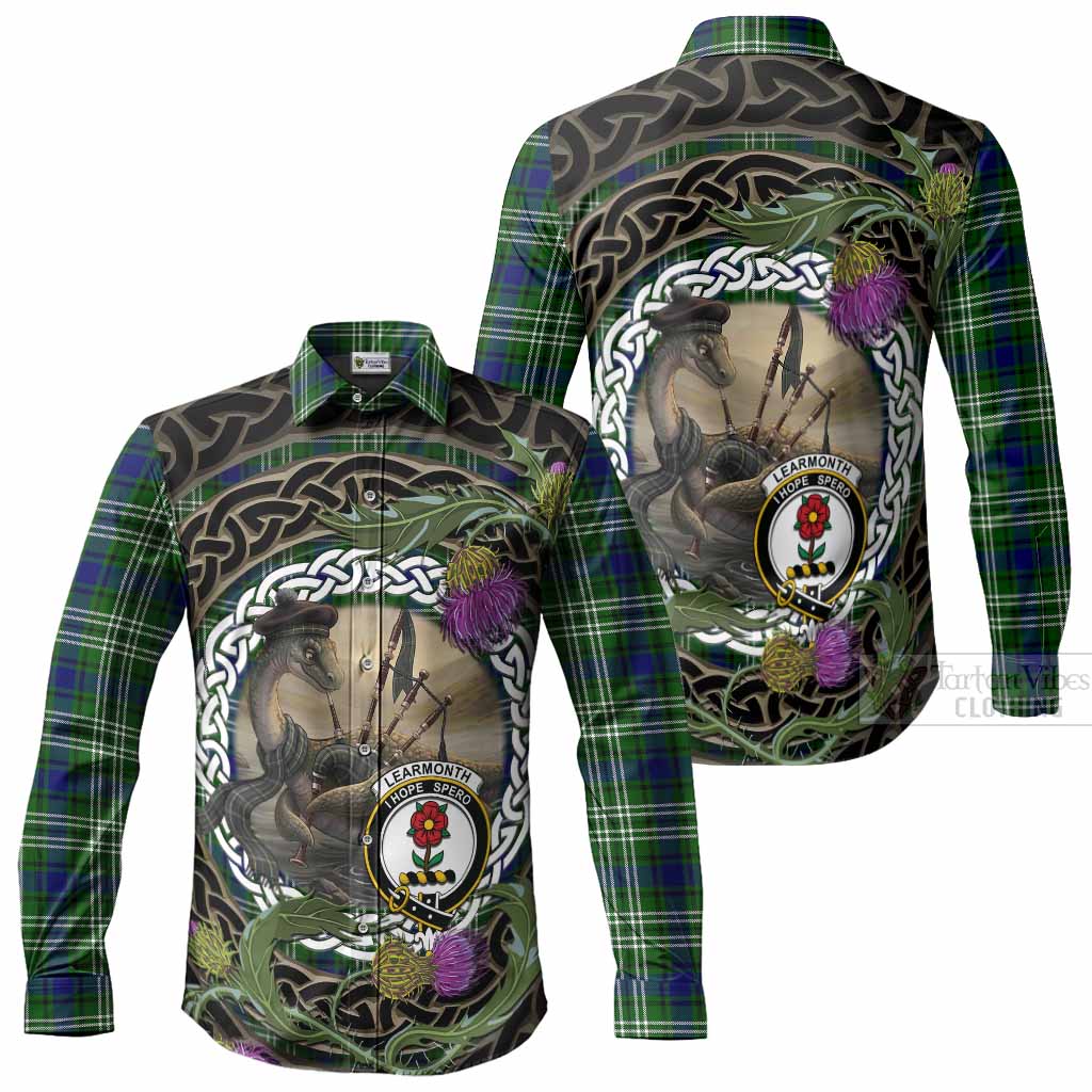 Learmonth Tartan Crest Bagpipe Nessie Long Sleeve Button Shirts Scottish Loch Ness Monster Celtic Thistle